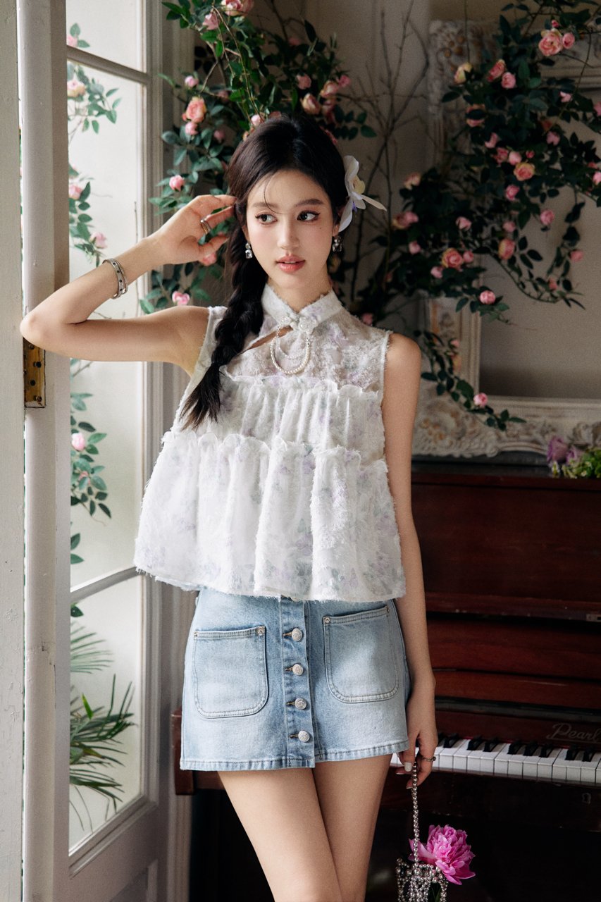 THREE QUARTERS Buttoned False Two Piece Denim Skirt Pants Blue | MADA IN CHINA
