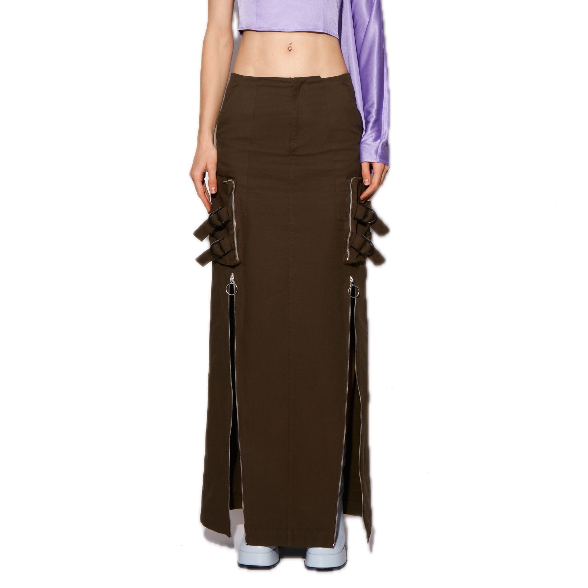 CPLUS SERIES Cargo Skirt with Symmetrical Zipper in Brown | MADA IN CHINA