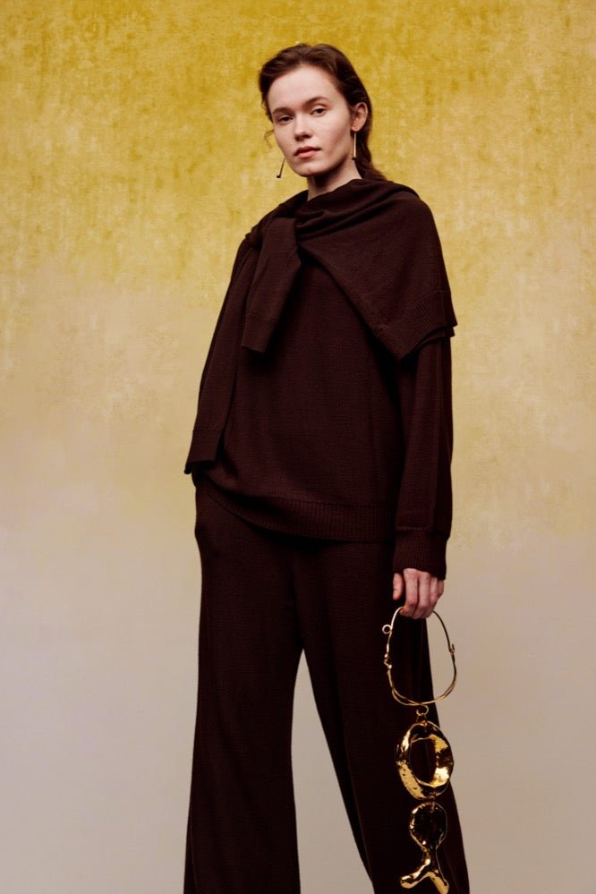 ilEWUOY Collar Layered Silk Wool Sweater in Brown | MADA IN CHINA