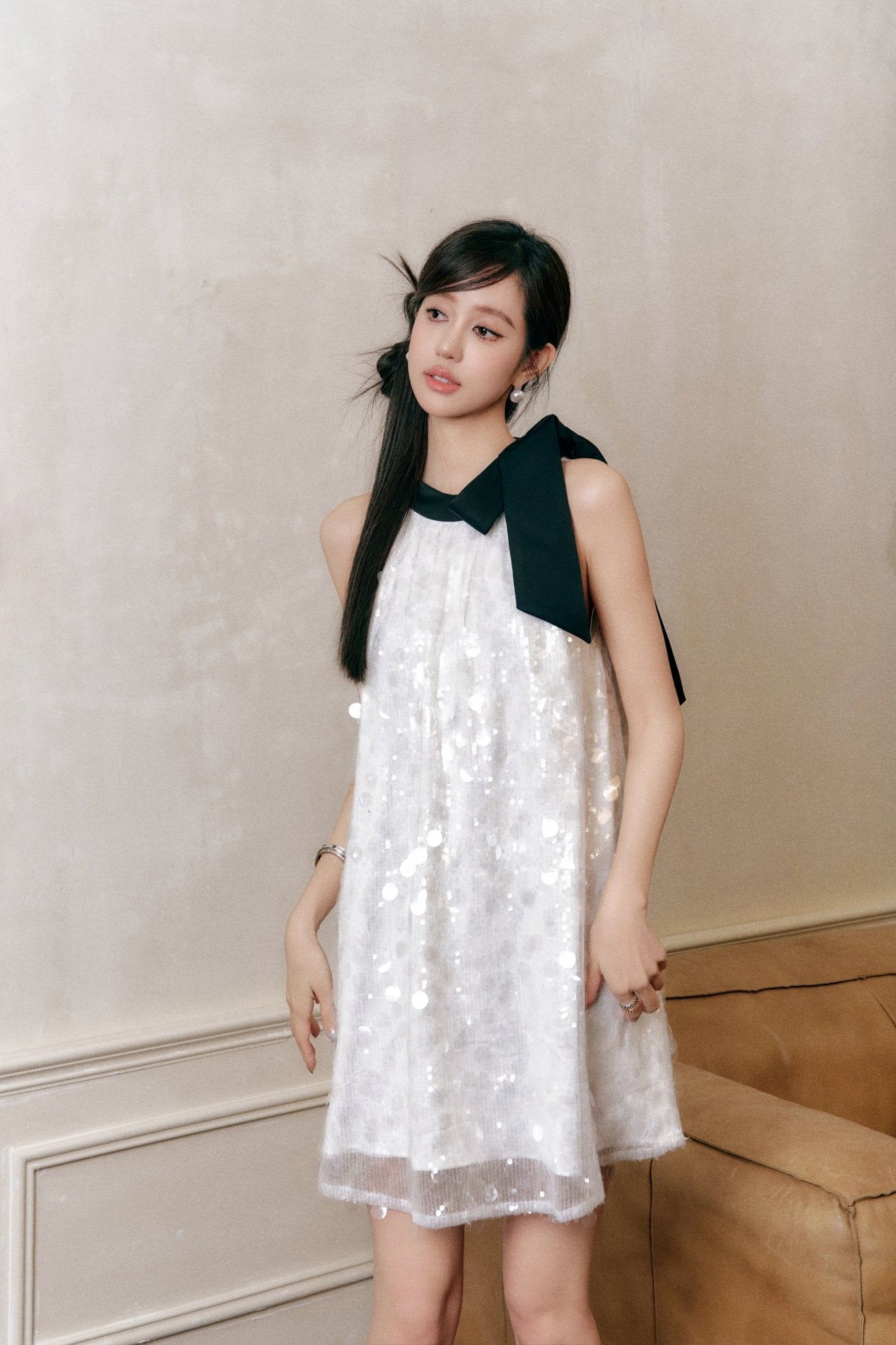 THREE QUARTERS Crystal Beaded Color Clash Big Bow Dress | MADA IN CHINA