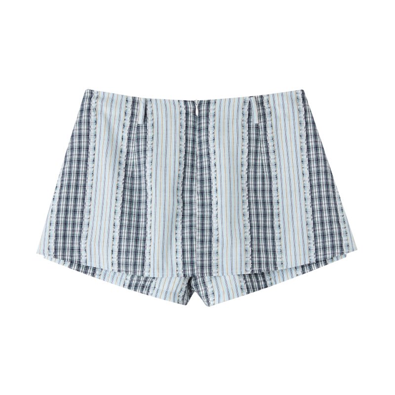 SOMESOWE Cut - out Fringed Plaid Culottes in Blue | MADA IN CHINA