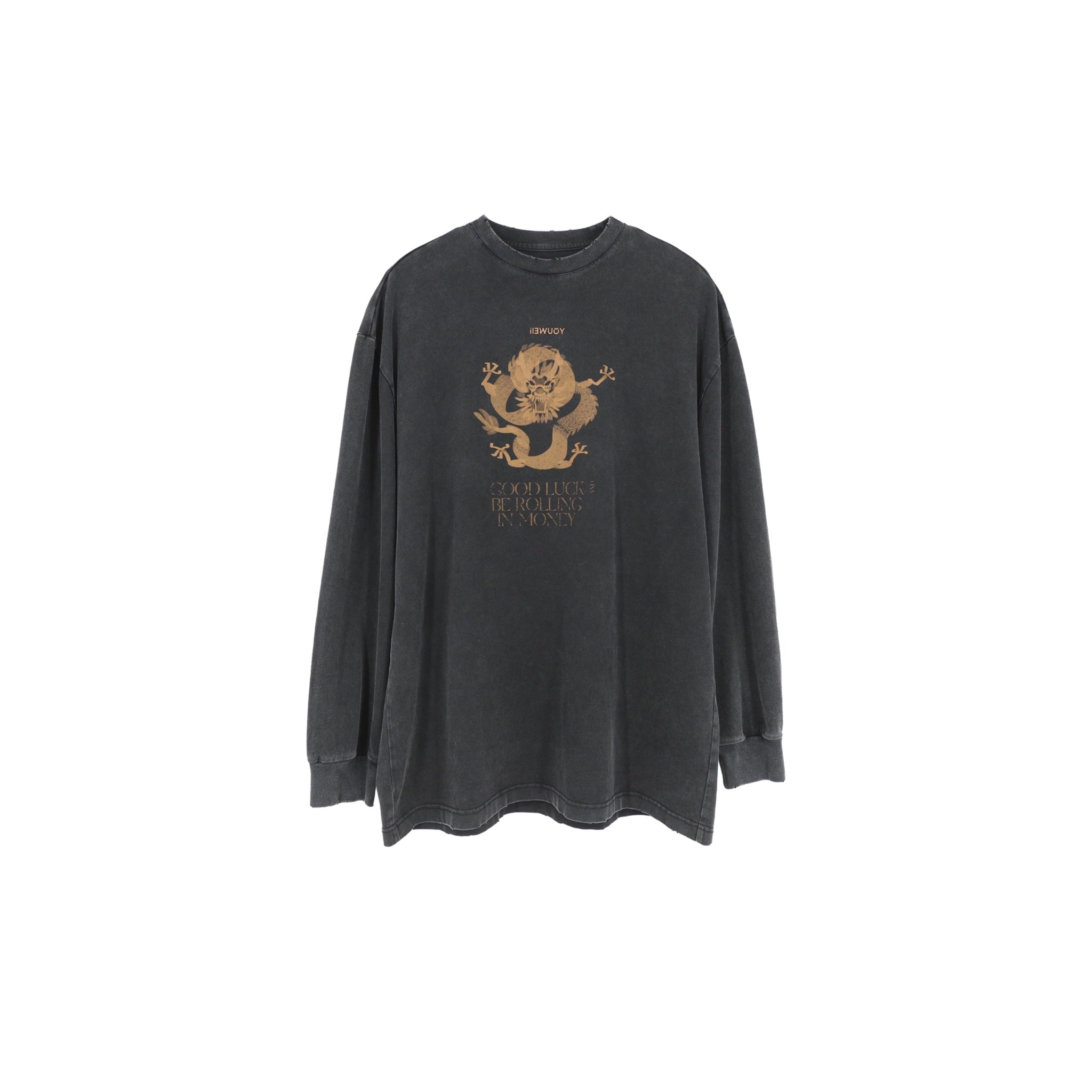 ilEWUOY Distressed Washed Printed Long-sleeved T-shirt in Black | MADA IN CHINA