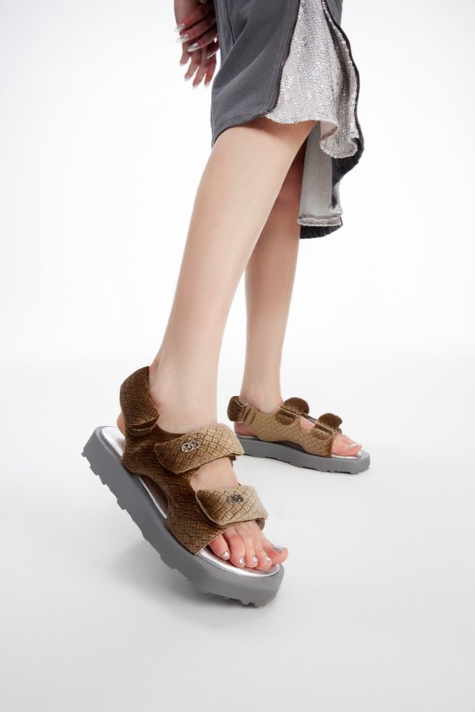LOST IN ECHO Faceted Padded Double - strap Sandals in Brown | MADA IN CHINA