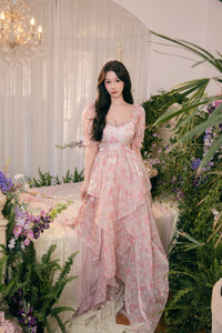 THREE QUARTERS Gilding Halo Rose Print Bubble Sleeve Dress | MADA IN CHINA