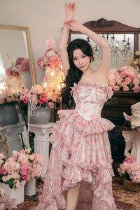 THREE QUARTERS Gilding Halo Rose Print Sheath Trailing Dress | MADA IN CHINA