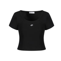 THREE QUARTERS Glitter Logo Large Round Neck Short Sleeve T - Shirt Black | MADA IN CHINA