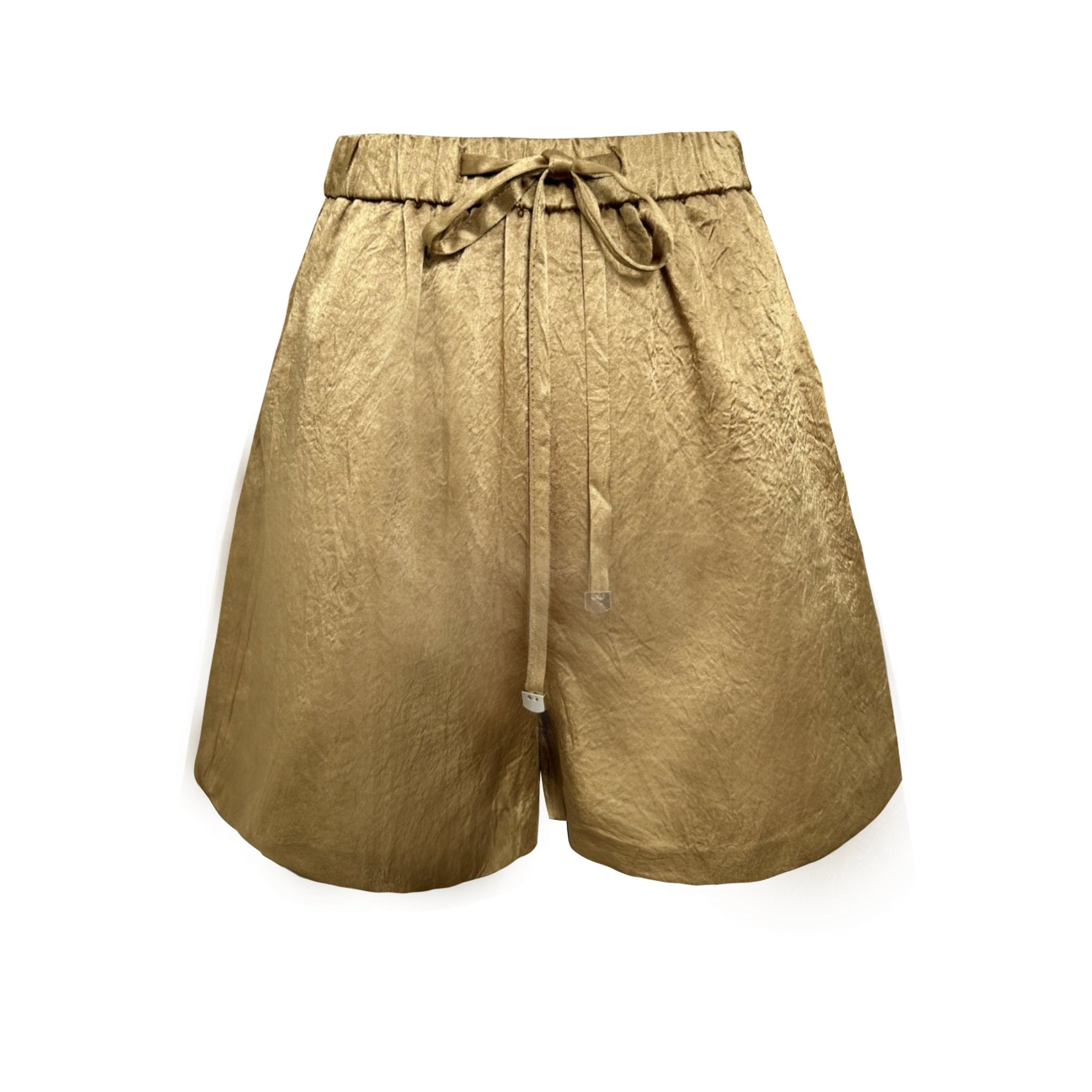 EtheClouds Gold Textured Satin Elastic Waist Shorts | MADA IN CHINA