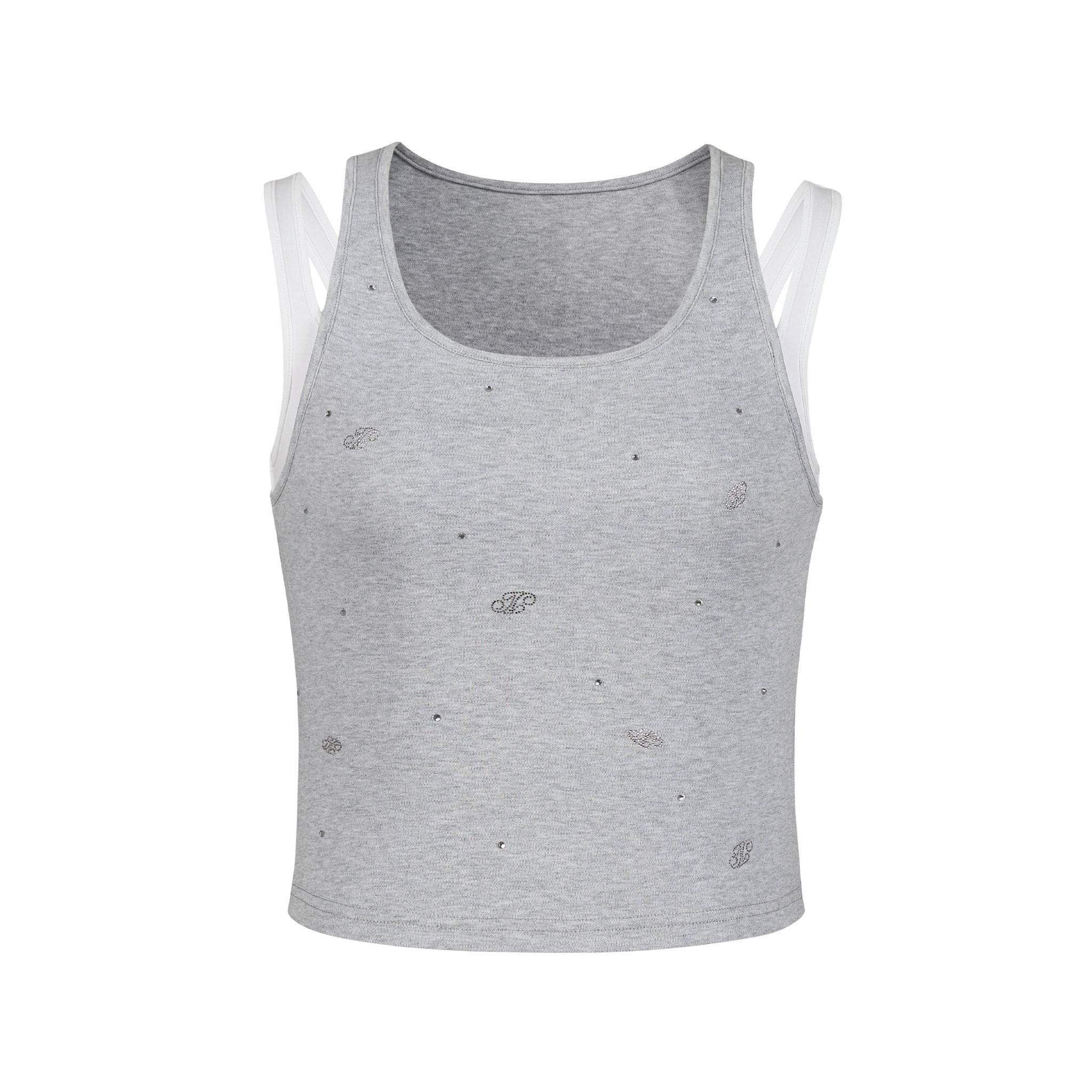 THREE QUARTERS Gray Tank Top with White Strap Logo and Rhinestones | MADA IN CHINA