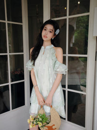 THREE QUARTERS Green New Chinese Cut Flower Strapless Plate Button Dress | MADA IN CHINA