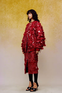 ilEWUOY Heavy Brushed Jacquard Cotton Jacket in Red | MADA IN CHINA