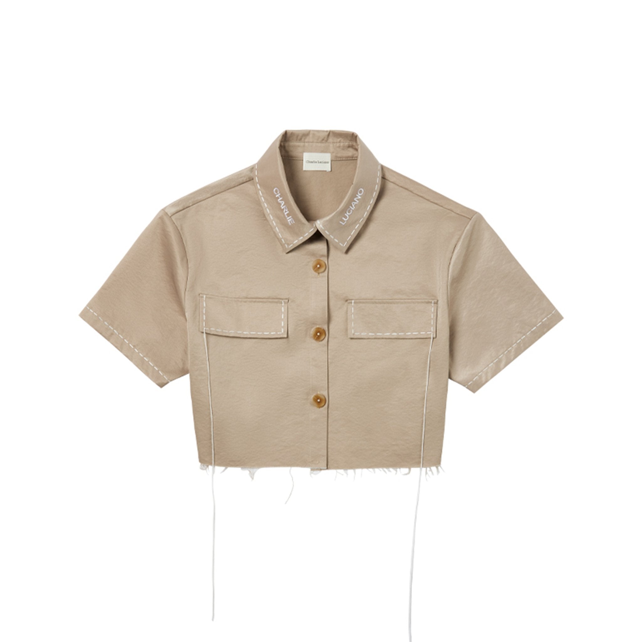 CHARLIE LUCIANO Khaki Cropped Shirt with Logo Collar | MADA IN CHINA