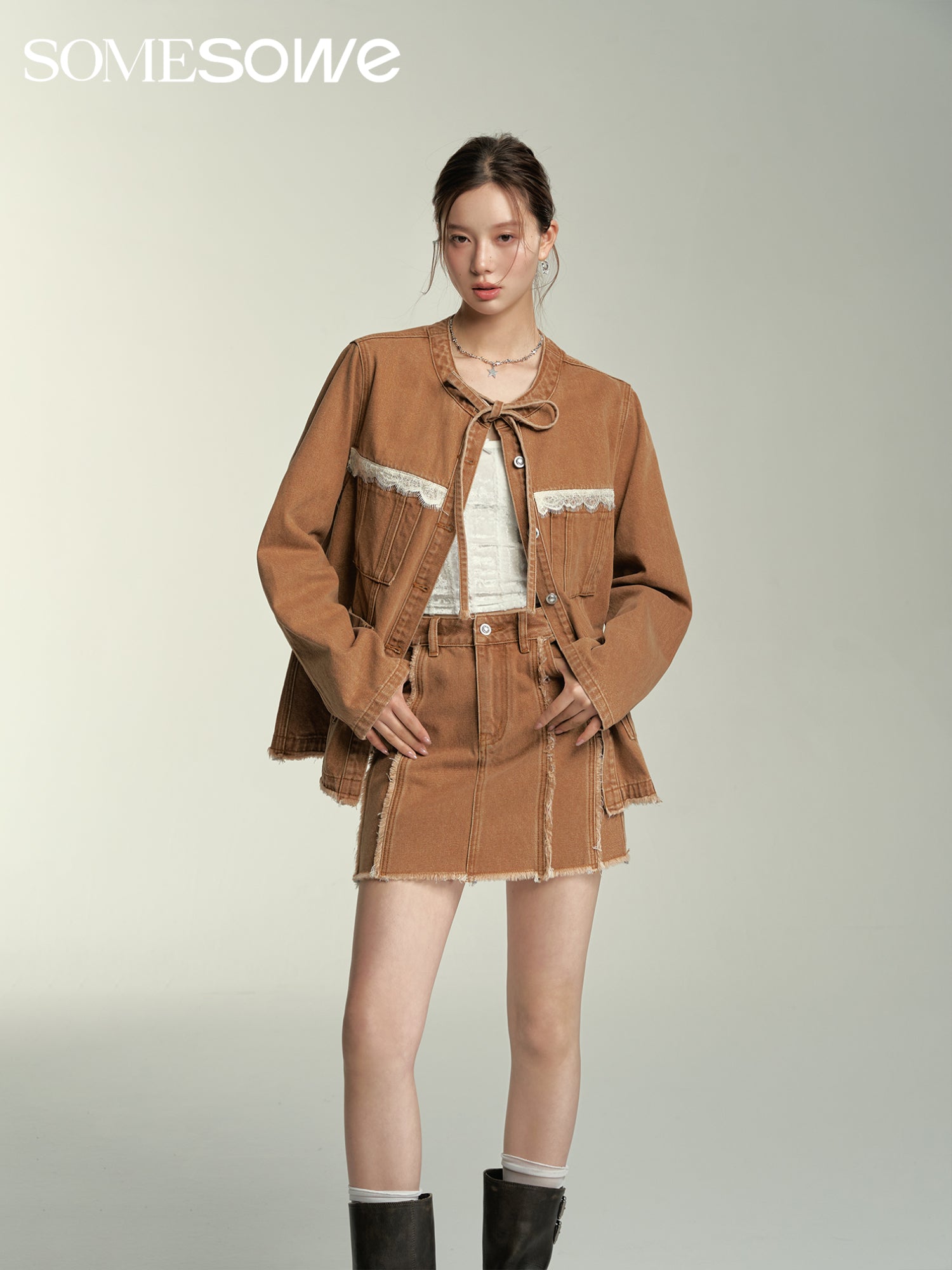 SOMESOWE Lace Denim Short skirt In Brown | MADA IN CHINA