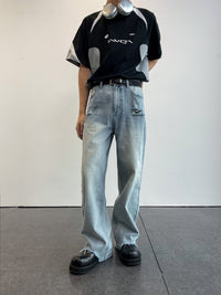ARCH Light Blue Washed Destroyed Straight Leg Denim Trousers | MADA IN CHINA