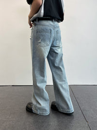 ARCH Light Blue Washed Destroyed Straight Leg Denim Trousers | MADA IN CHINA