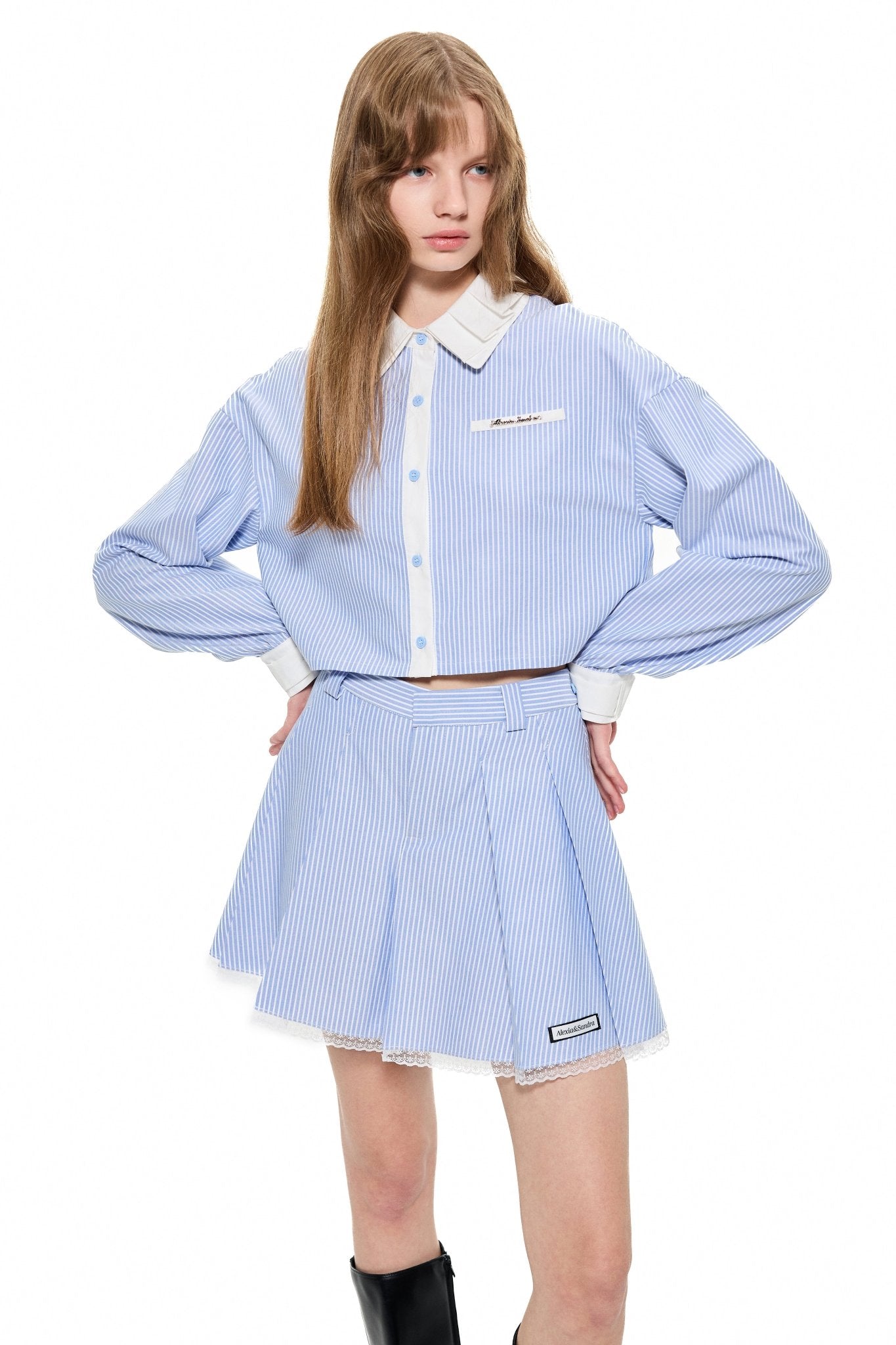Alexia Sandra Logo - Patch Stripe Pleated Skirt in Blue | MADA IN CHINA