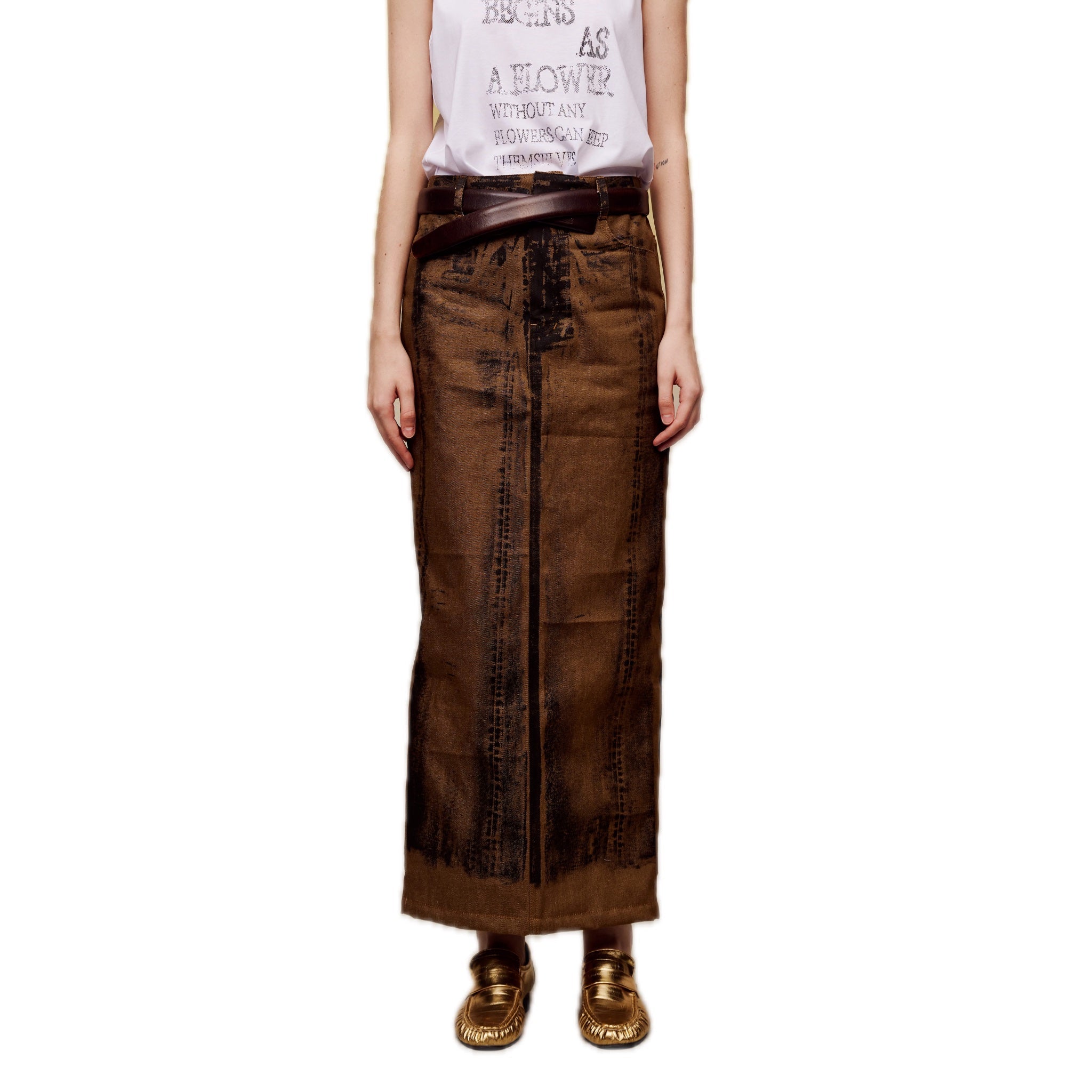 ilEWUOY Off-set Printed Denim Long Skirt in Brown | MADA IN CHINA