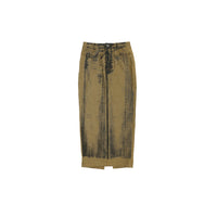 ilEWUOY Off-set Printed Denim Long Skirt in Brown | MADA IN CHINA