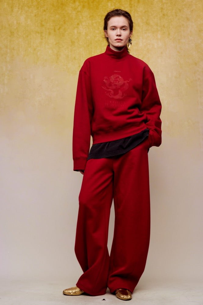 ilEWUOY Paddle Print Cigarette Pipe Collar Fleece Sweatshirt in Red | MADA IN CHINA