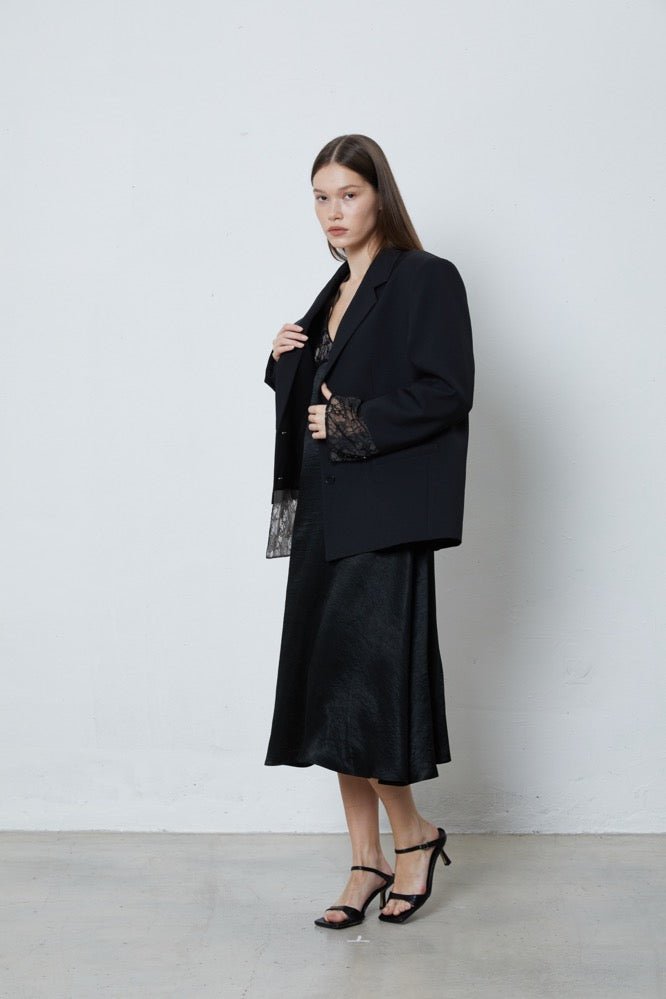 FENGYI TAN Paneled Lace Asymmetric Blazer in Black | MADA IN CHINA
