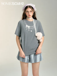 SOMESOWE Pearl Necklace Drawstring T - shirt in Grey | MADA IN CHINA