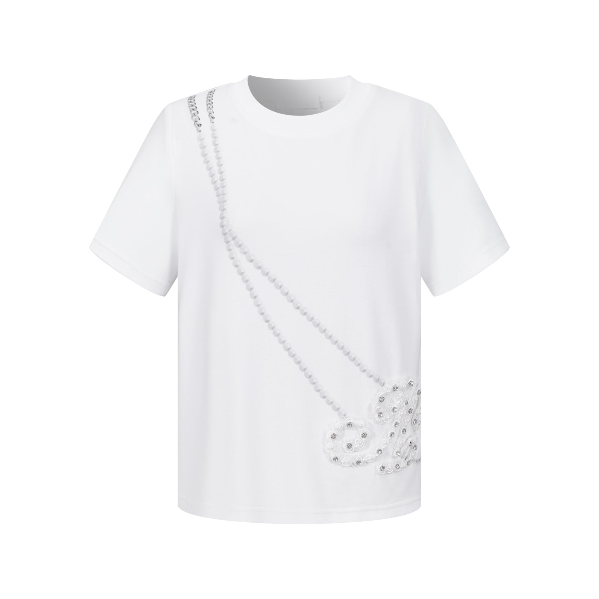THREE QUARTERS Pearl Necklace Printed Beaded Rhinestone White Short Sleeve T - Shirt | MADA IN CHINA