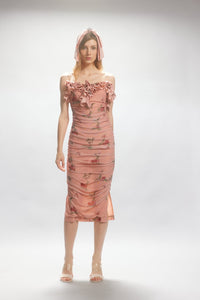 ARTE PURA Pink and Green Floral Print Mesh Wrap Dress | MADA IN CHINA