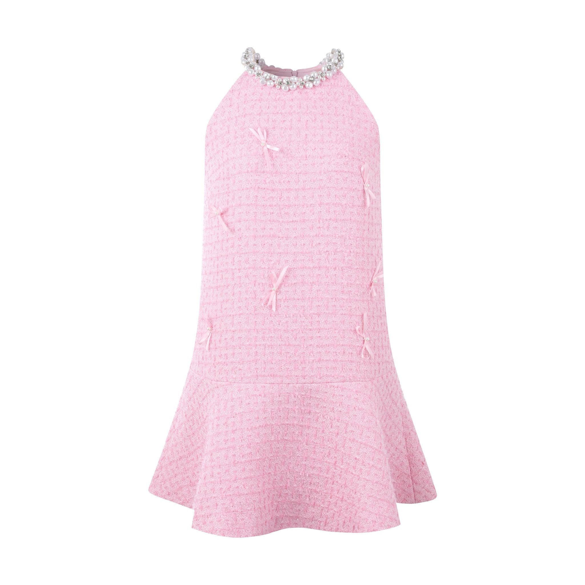 THREE QUARTERS Pink Chambray Pearl Neck Dress | MADA IN CHINA