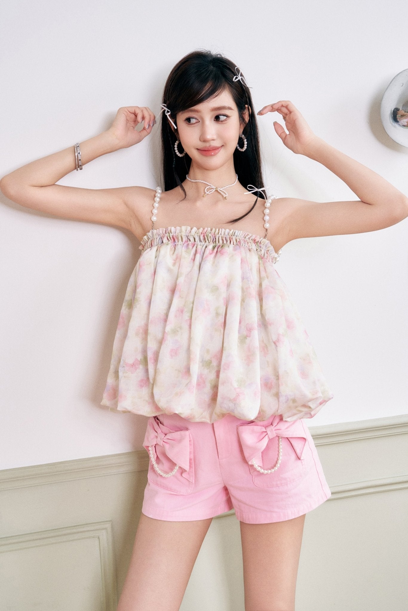 THREE QUARTERS Pink Crushed Floral Hand Beaded Pod Camisole Top | MADA IN CHINA