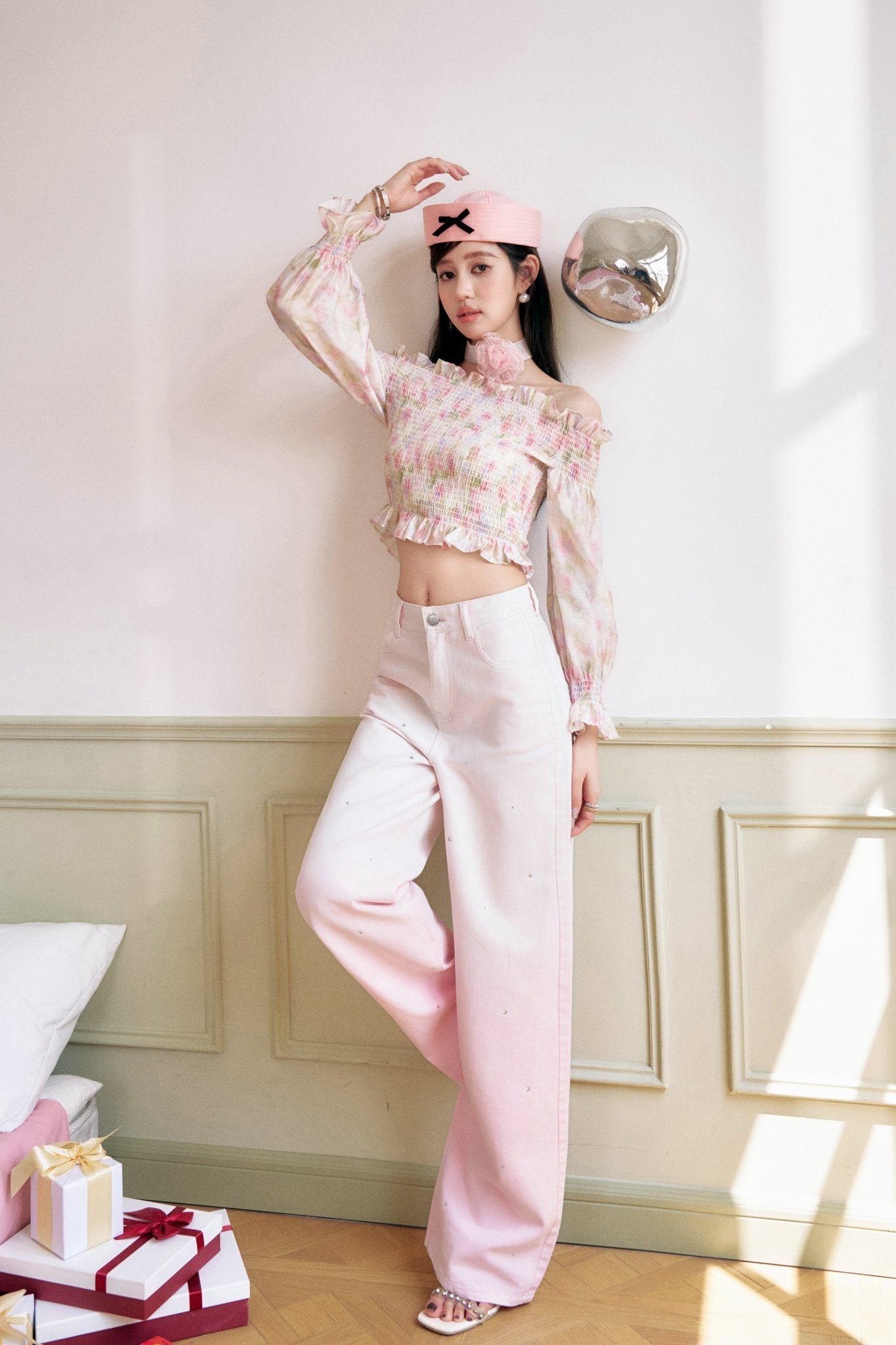 THREE QUARTERS Pink Crushed Floral One Shoulder Cable Top | MADA IN CHINA