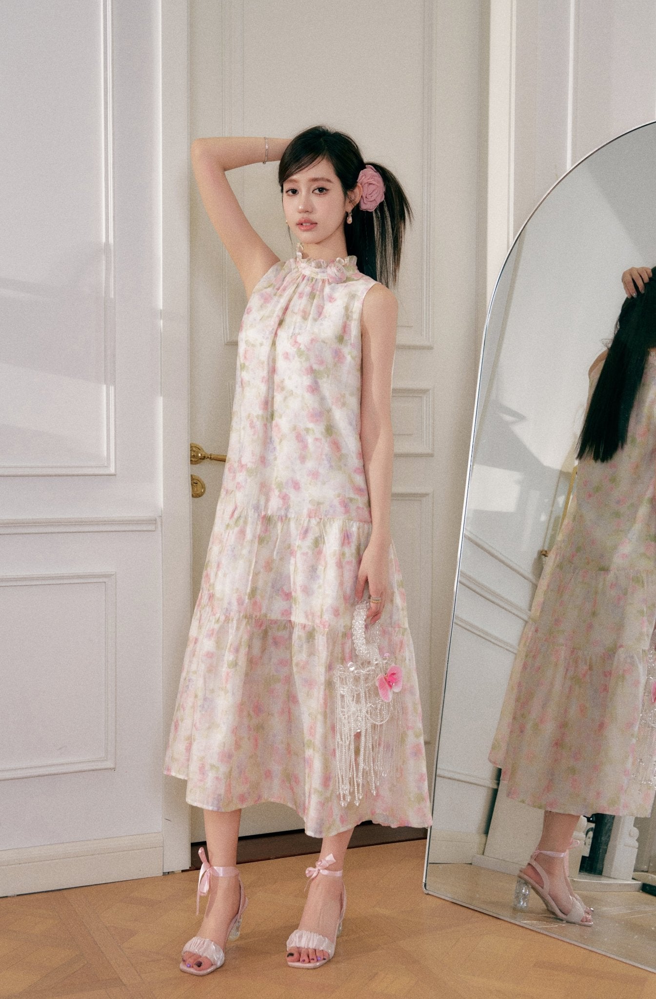 THREE QUARTERS Pink Crushed Floral Sleeveless Wood Earring Dress | MADA IN CHINA
