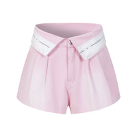 THREE QUARTERS Pink Custom Webbing Flip Front Denim Shorts | MADA IN CHINA