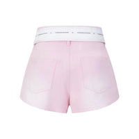 THREE QUARTERS Pink Custom Webbing Flip Front Denim Shorts | MADA IN CHINA