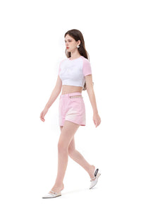THREE QUARTERS Pink Cutout Pearl Chain Denim Shorts | MADA IN CHINA
