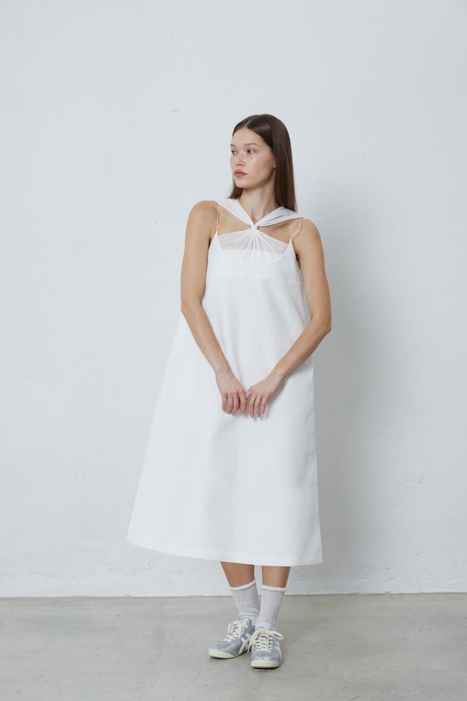 FENGYI TAN Pintucked Beaded Embroidered Dress in White | MADA IN CHINA