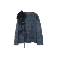 ilEWUOY Pleated Quilted Cotton Jacket with Shoulder Flowers in Dark Blue | MADA IN CHINA