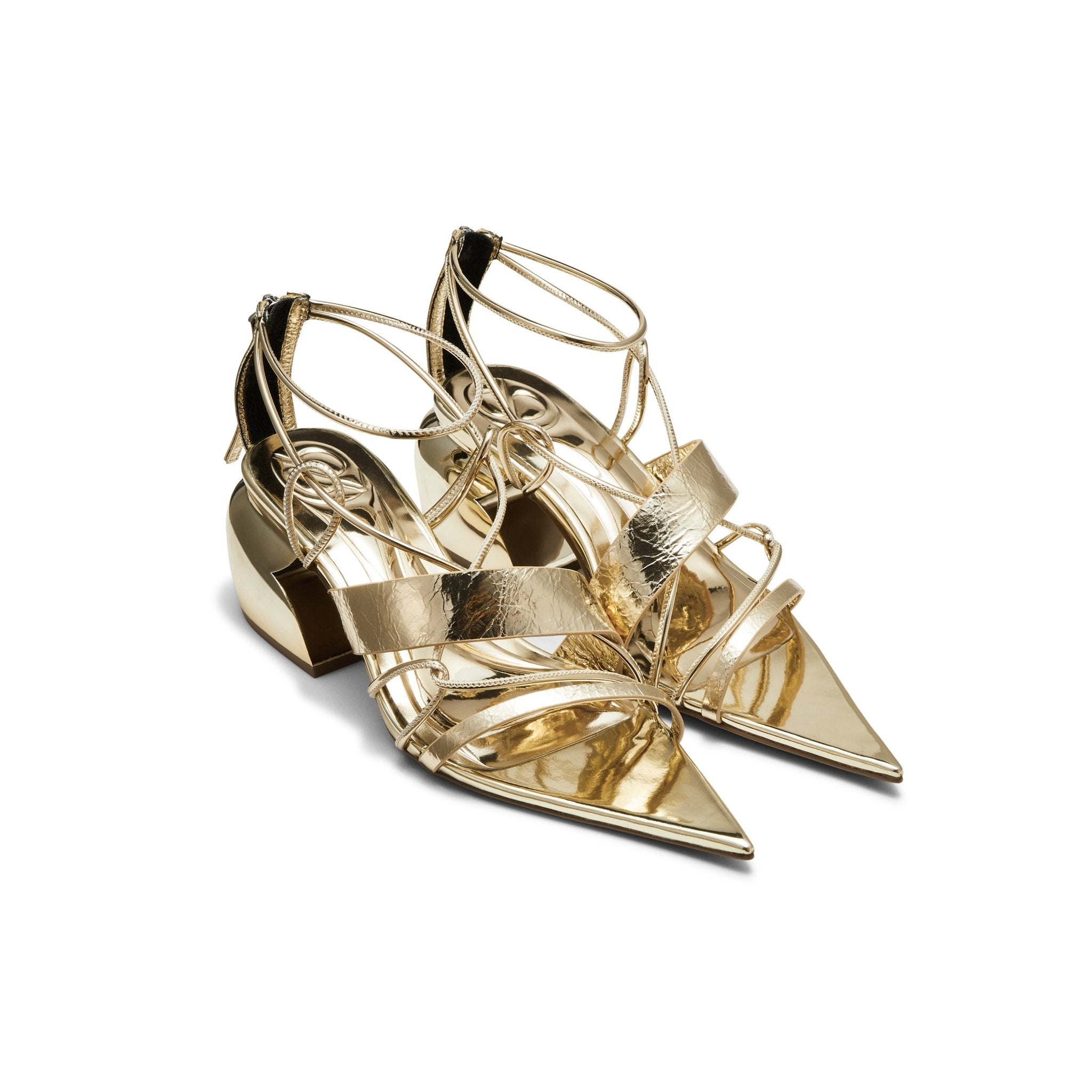 LOST IN ECHO Pointed - toe Cross Strap Block Heel Sandals in Golden | MADA IN CHINA
