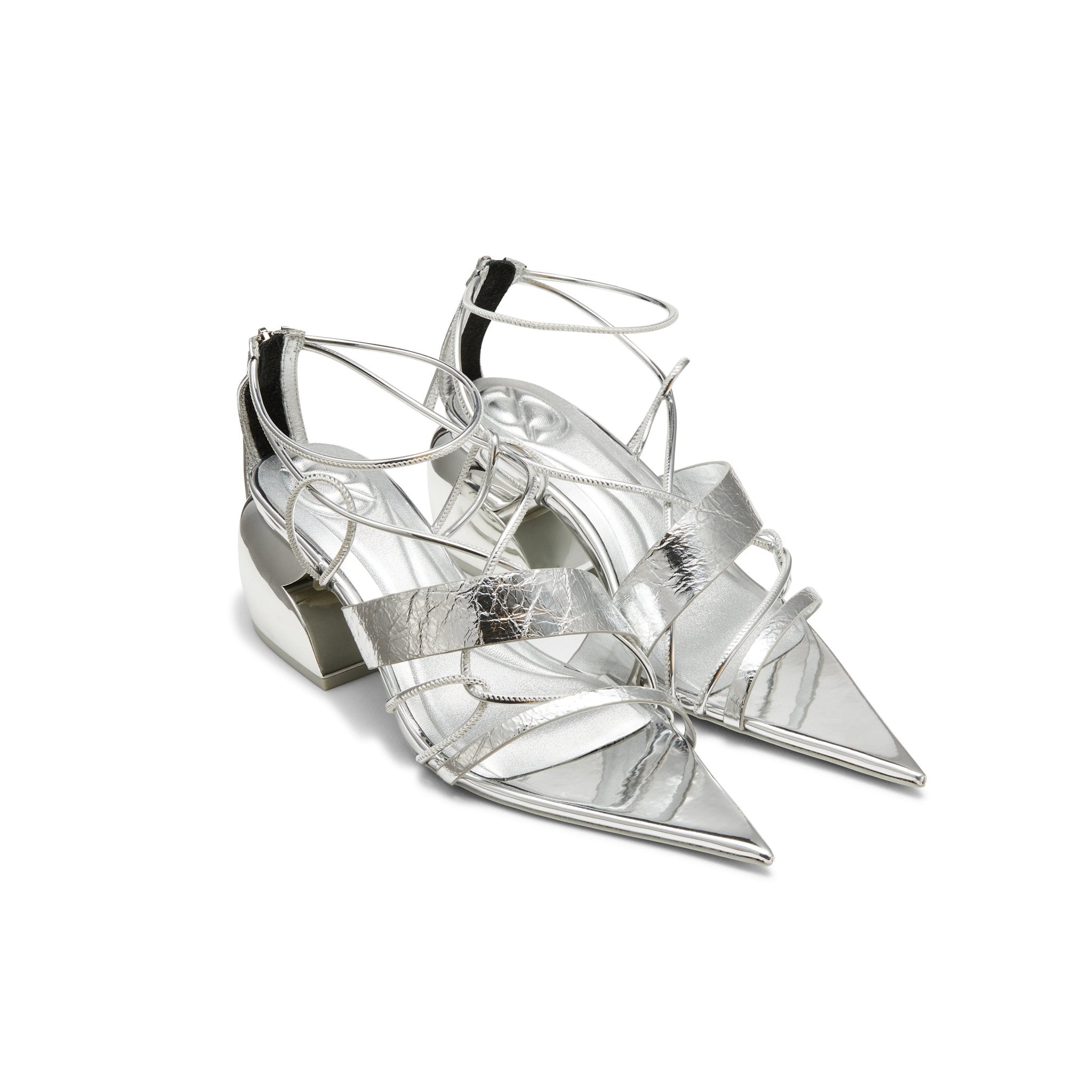 LOST IN ECHO Pointed - toe Cross Strap Block Heel Sandals in Silver | MADA IN CHINA