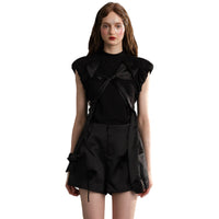 ARTE PURA Puff Sleeve Bow Knitted T-shirt In Black | MADA IN CHINA