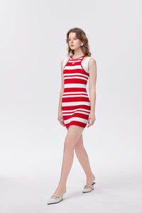 THREE QUARTERS Red and White Patchwork Sleeveless Striped Knit Dress | MADA IN CHINA