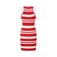 THREE QUARTERS Red and White Patchwork Sleeveless Striped Knit Dress | MADA IN CHINA