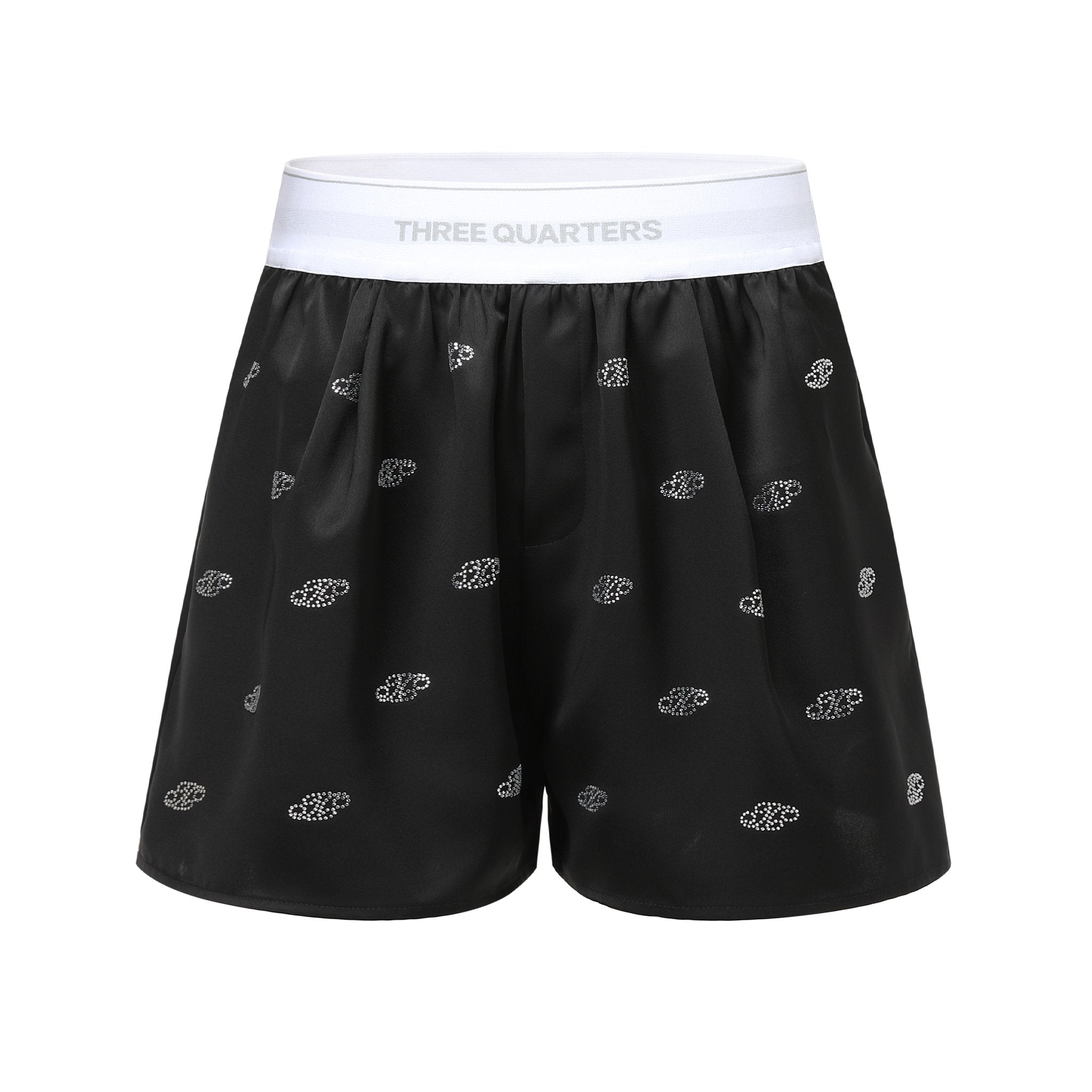 THREE QUARTERS Satin Drill Logo High Waisted Shorts Black | MADA IN CHINA