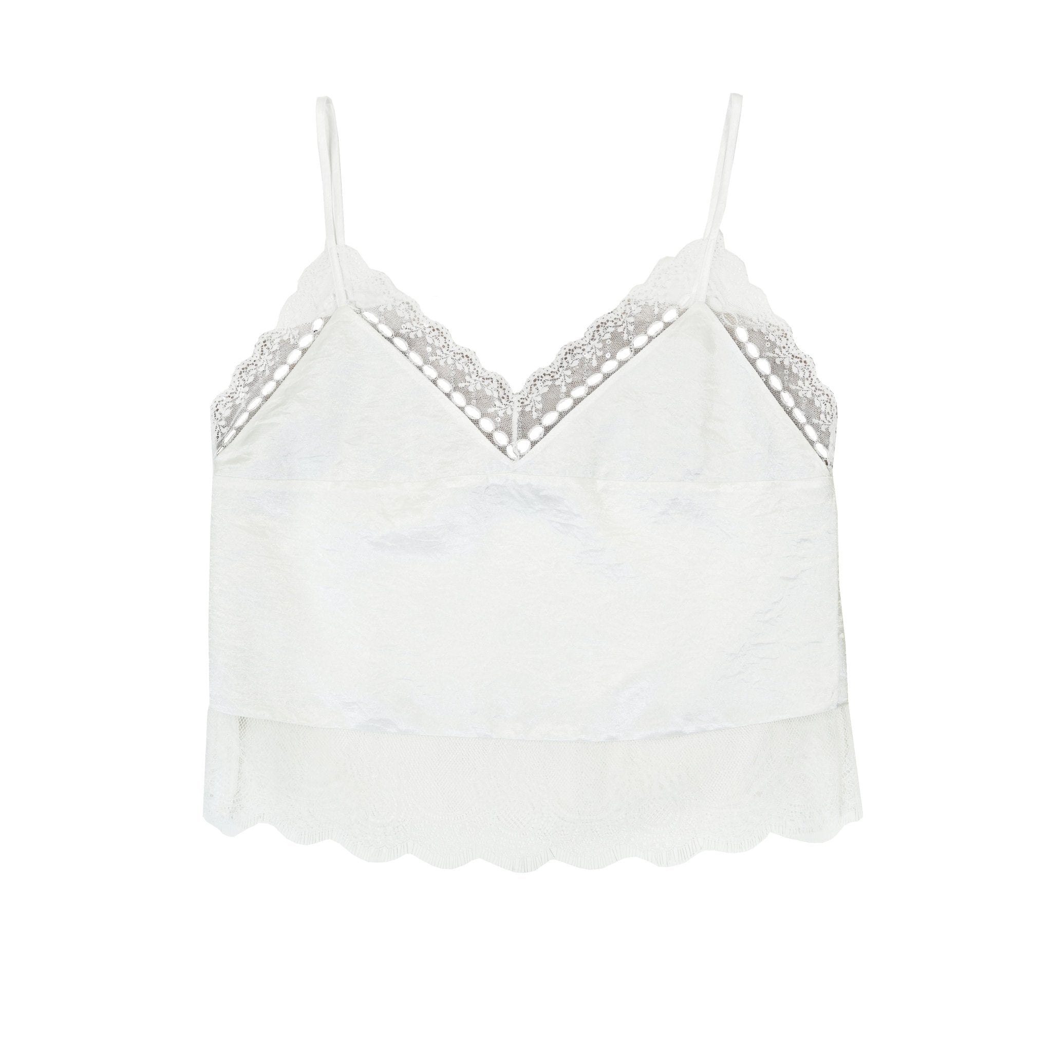 FENGYI TAN Satin Lace Paneled Top in White | MADA IN CHINA
