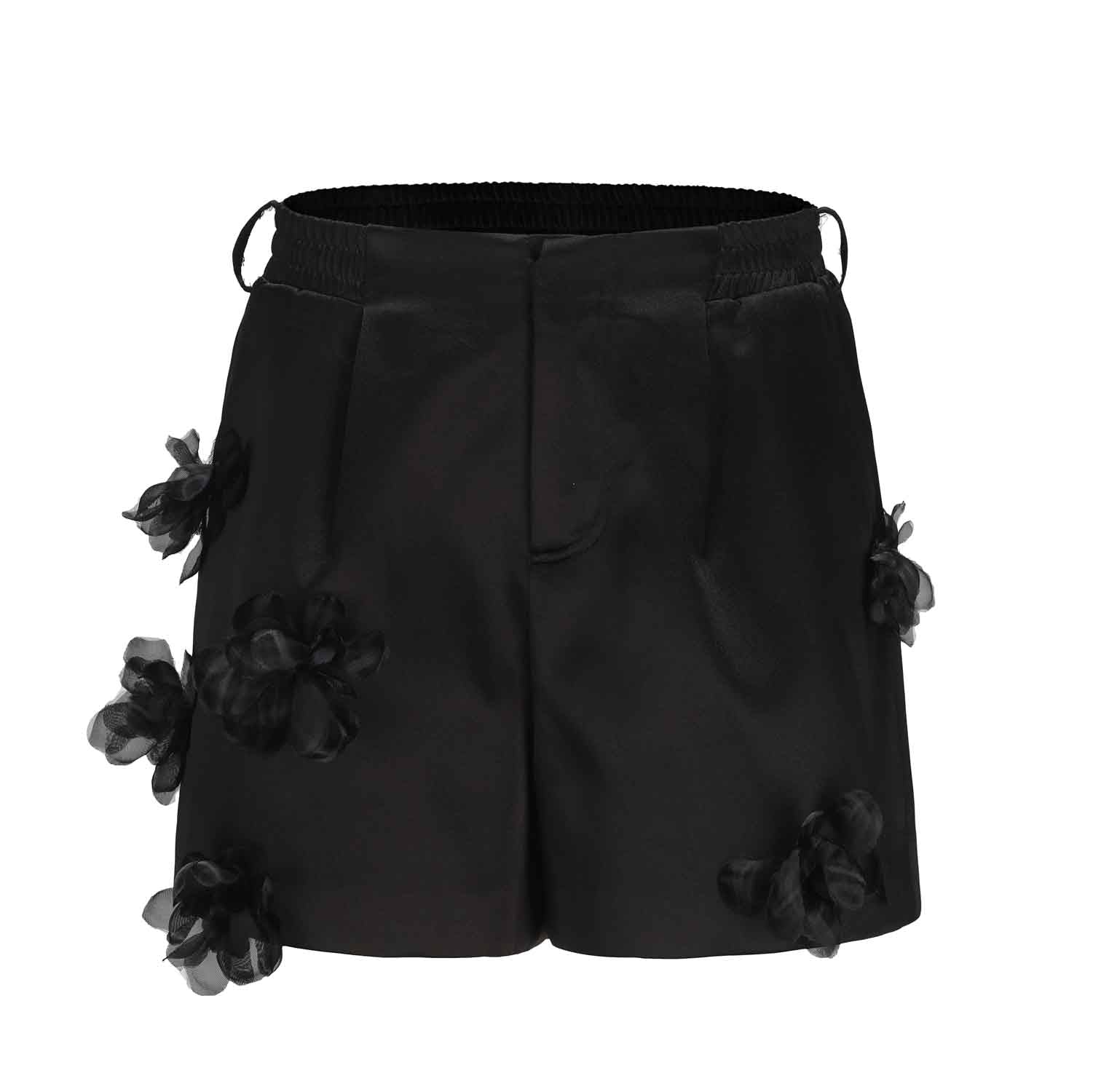 ARTE PURA Satin Yarn Flower Shorts In Black | MADA IN CHINA