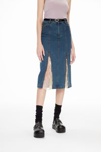 LOST IN ECHO Sequined Denim Fishtail Skirt in Blue | MADA IN CHINA