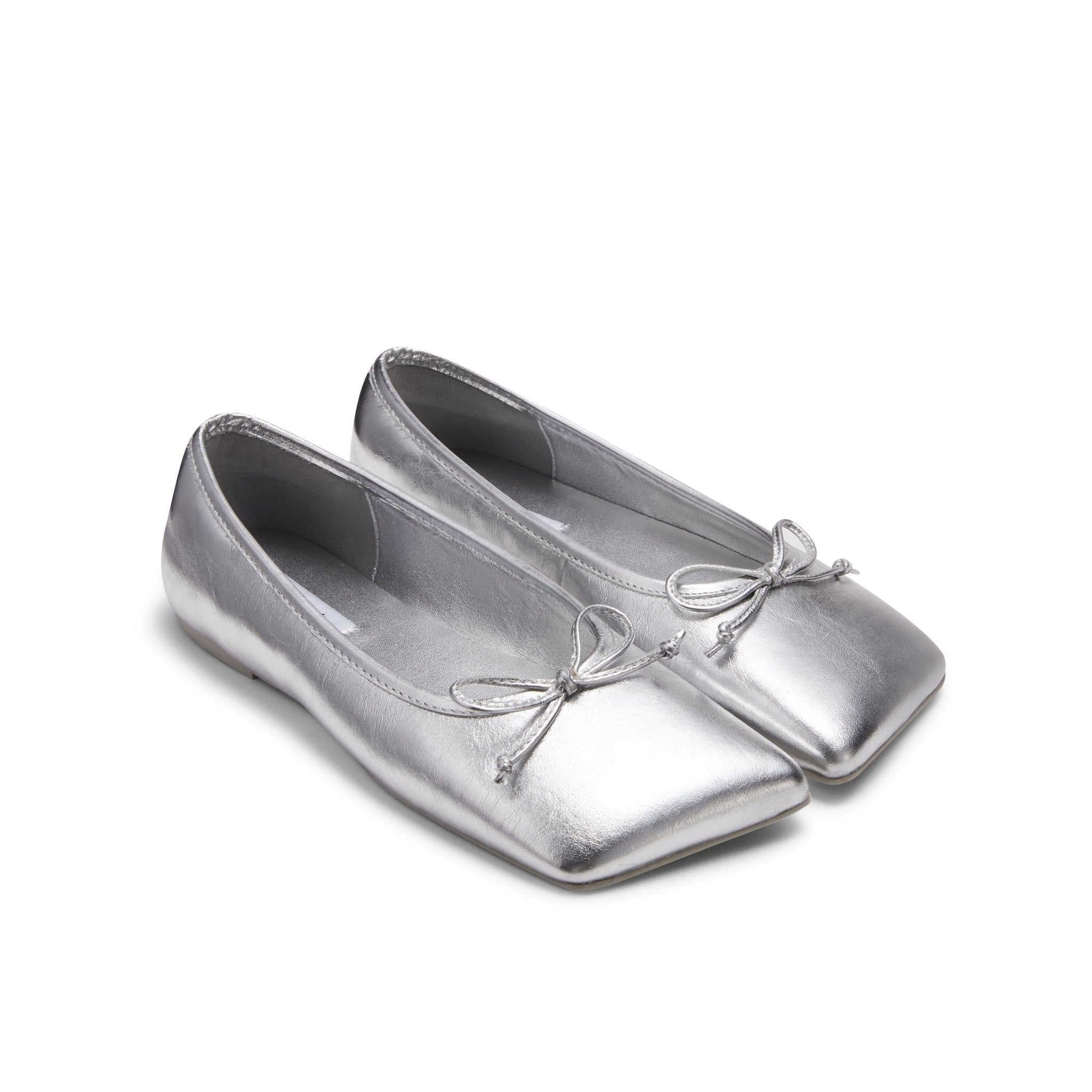 LOST IN ECHO Silver Square Toe Bow Ballet Shoes | MADA IN CHINA