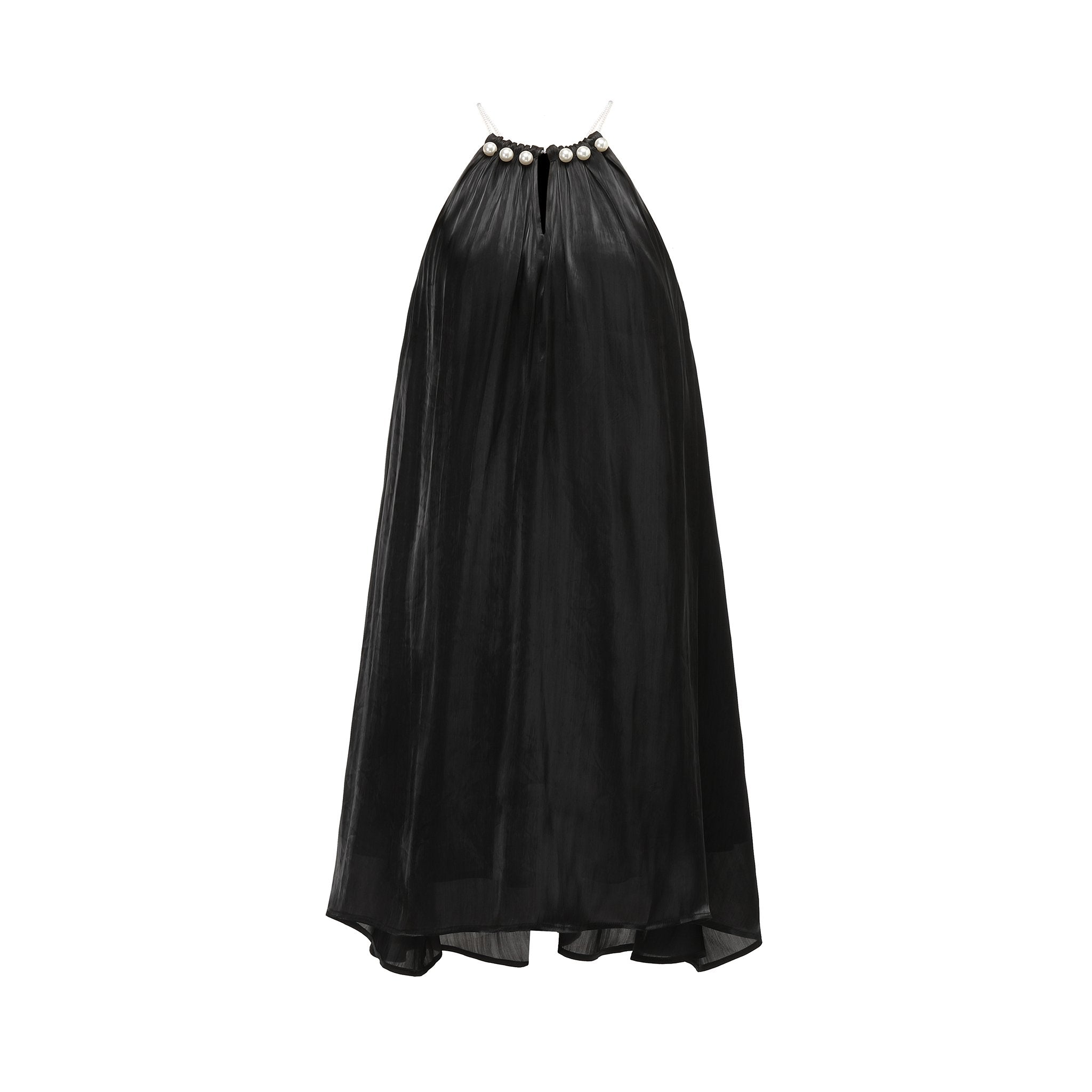 THREE QUARTERS Sleeveless Dress with Streaming Pearls Hanging Neck in Black | MADA IN CHINA