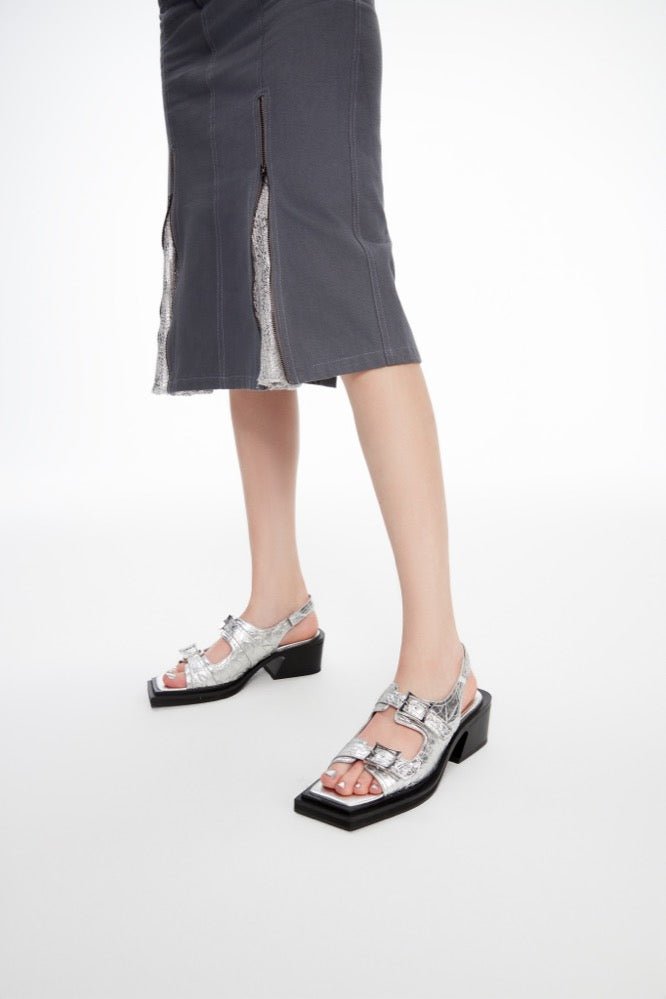 LOST IN ECHO Square Toe Heel Sandals in Silver | MADA IN CHINA