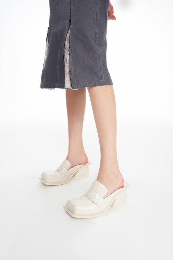 LOST IN ECHO Square Toe Thick - heel Mule Slippers in White | MADA IN CHINA