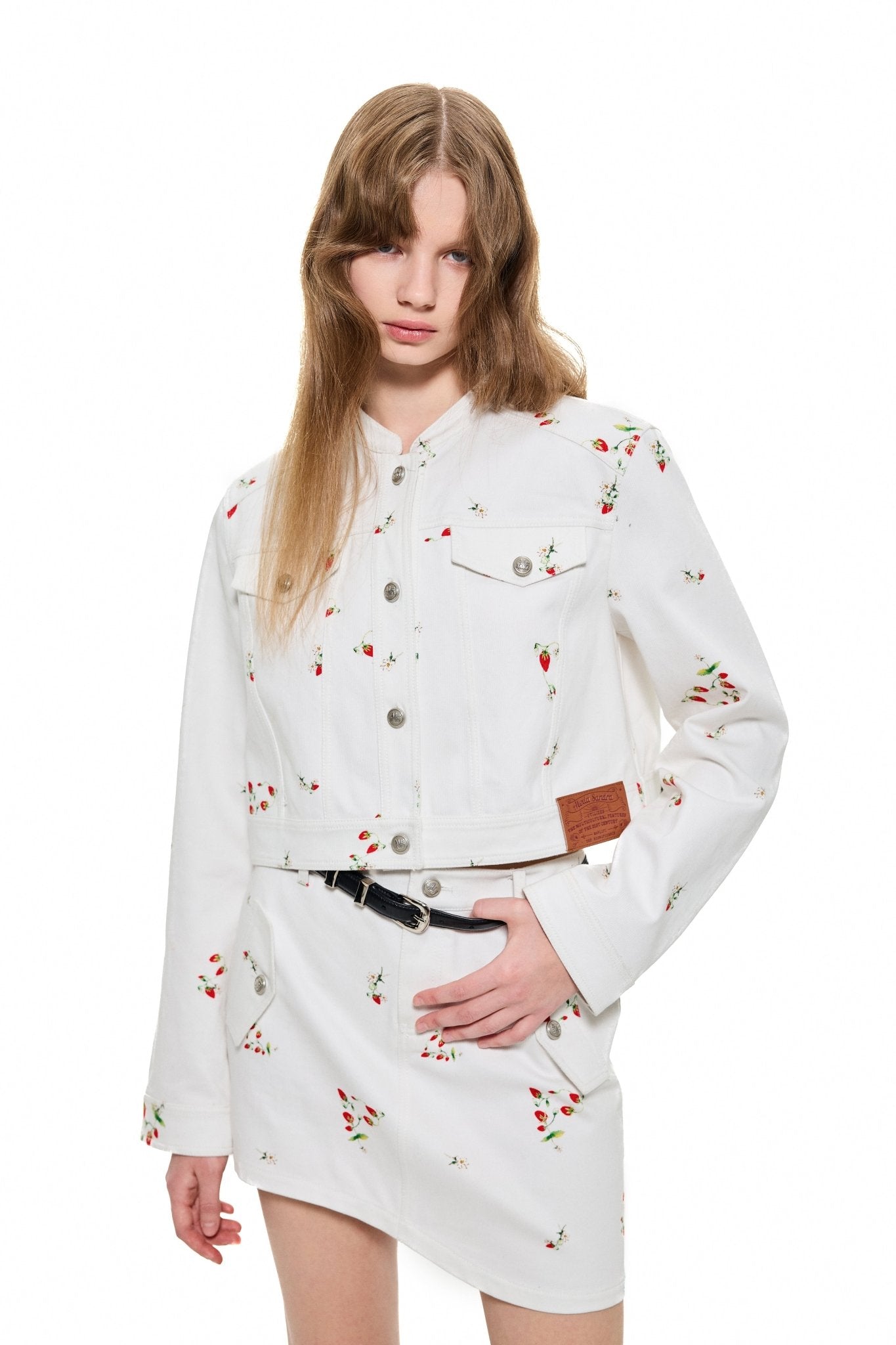 Alexia Sandra Strawberry Club Denim Jacket in White | MADA IN CHINA