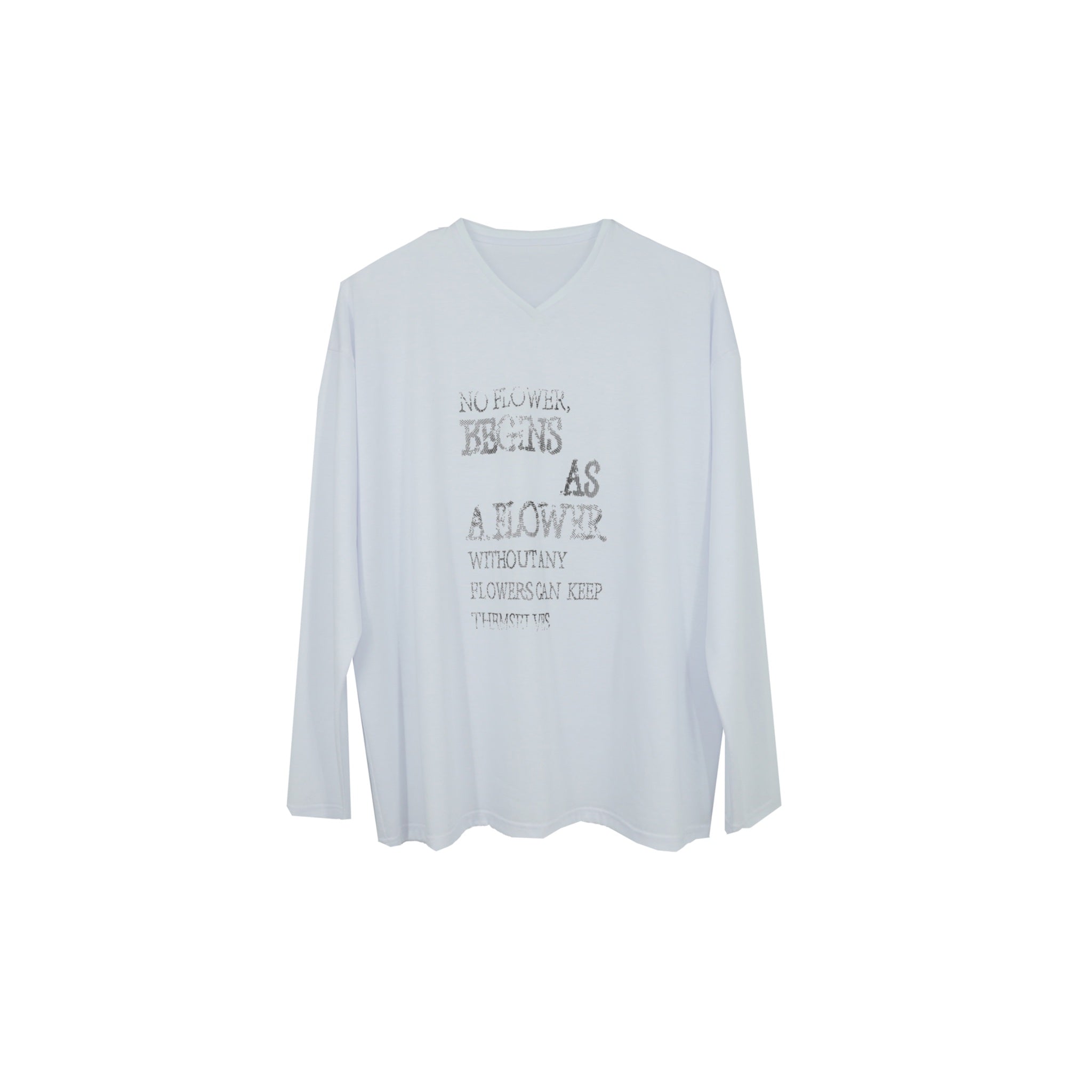 ilEWUOY Theme Printed V-neck Long-sleeved T-shirt in White | MADA IN CHINA